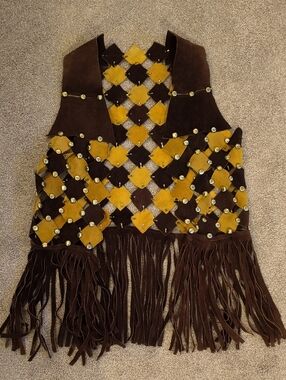 Boho Vtg Vest 70s Brown&Mustard Suede Fringe. Retro (One Of Kind)   PRICE DROP**
